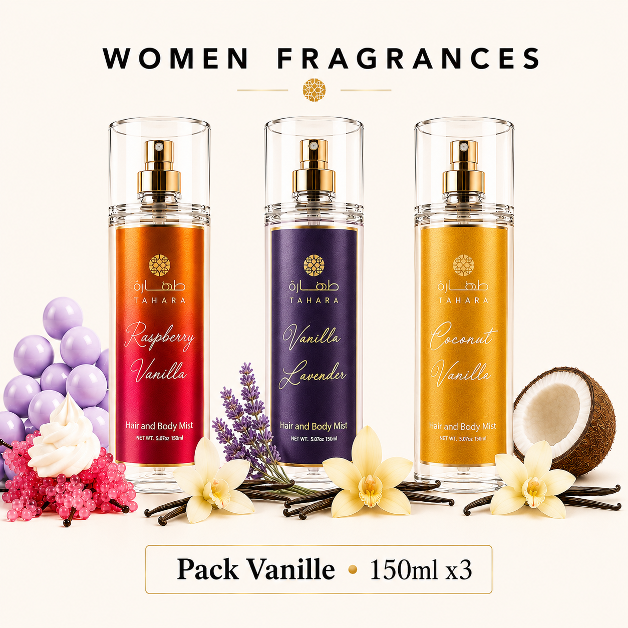 Trio Vanilla Tahara - 3 x 150ml Brumes Corps et Cheveux