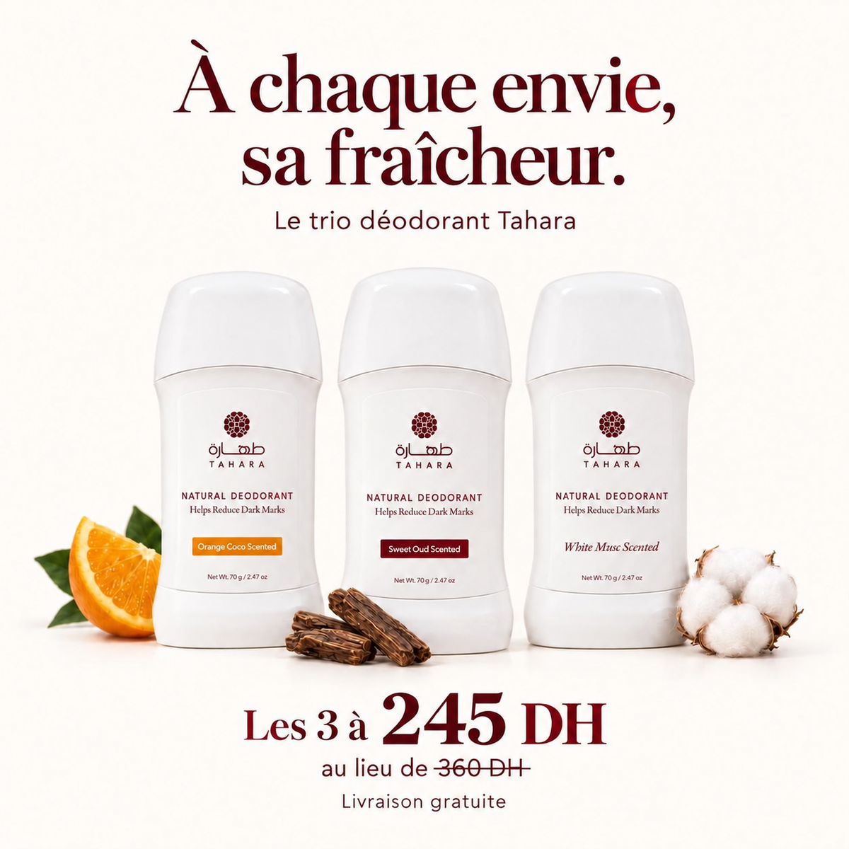 Offre Spéciale Déodorants Tahara | 3 x 70g | Orange Coco, Oud, Musc Blanc | Livraison Gratuite