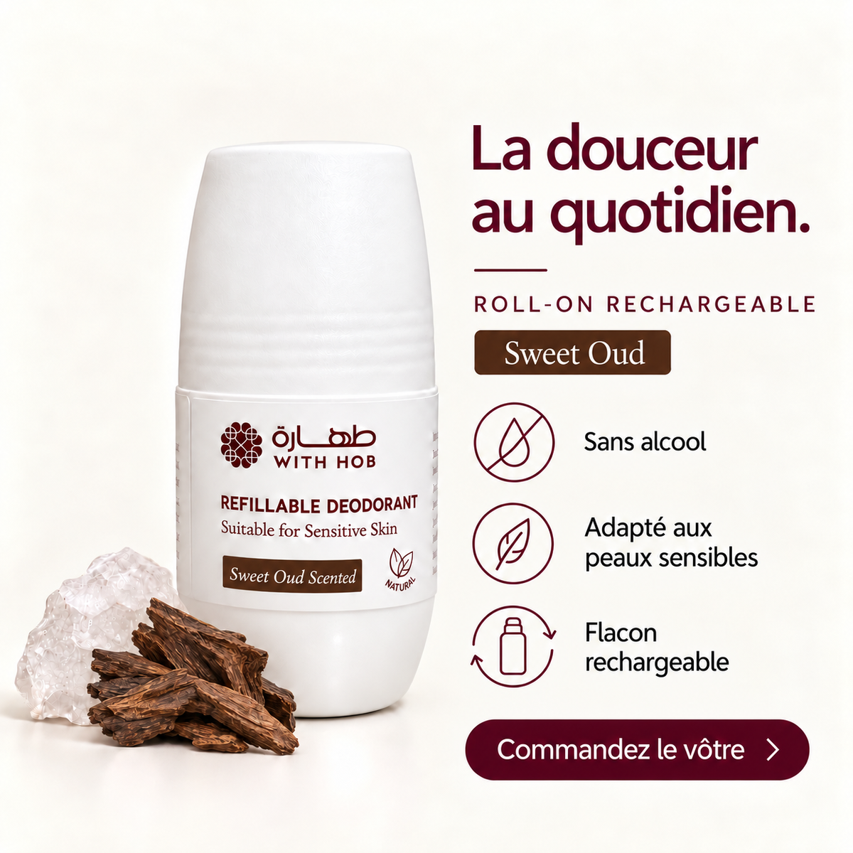 Déodorant naturel rechargeable sans alcool roll-on 60 ml Oud – Tahara Maroc (vue 2)