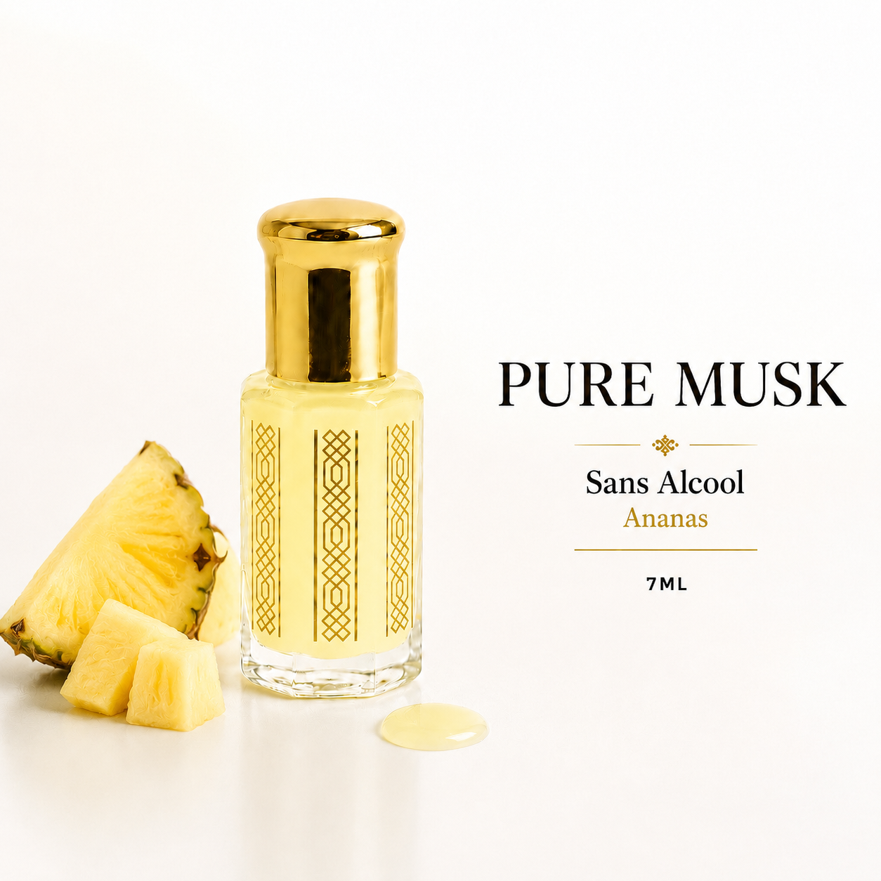 Musc tahara ananas flacon jaune avec bouchon doré entouré de tranches d'ananasu frais et gouttes de jus