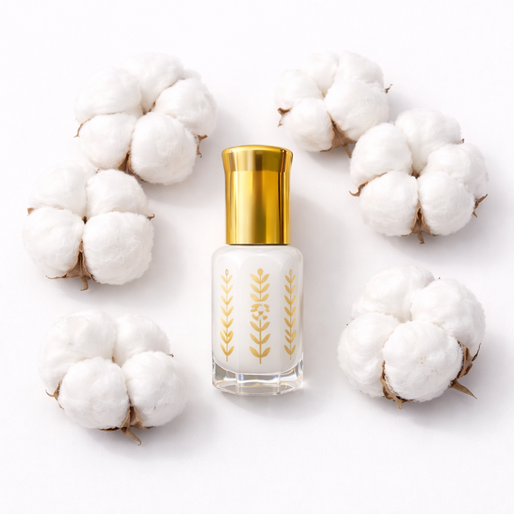 Musc tahara classique pur sans alcool flacon blanc avec bouchon doré entouré de fleurs de coton naturel