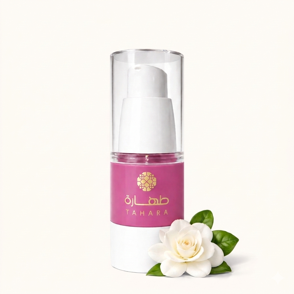 Musc tahara gardenia 18ml flacon airless rose avec pompe doseuse logo Tahara doré et fleur de gardénia blanche avec feuilles vertes