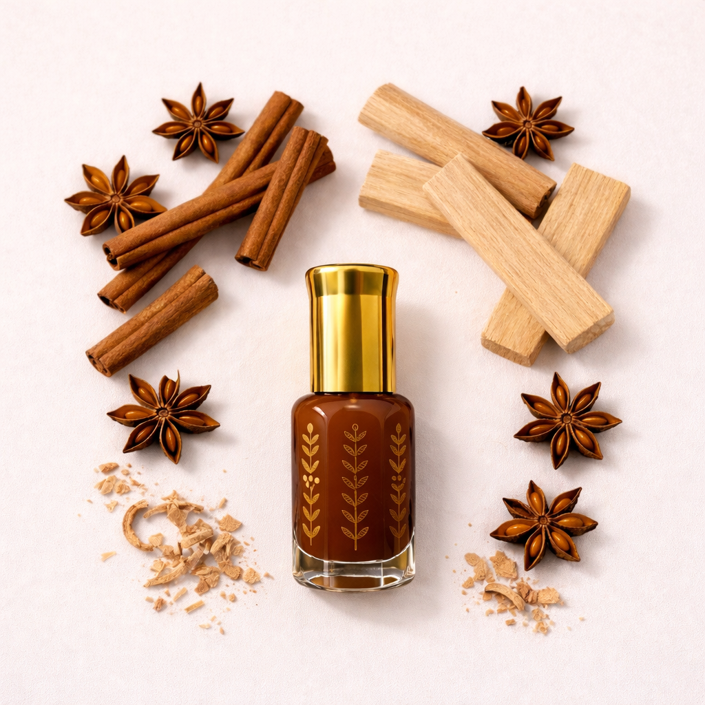 Musc tahara malaki flacon brun avec bouchon doré entouré de bùtons de cannelle anis étoilé et bois de santal naturel
