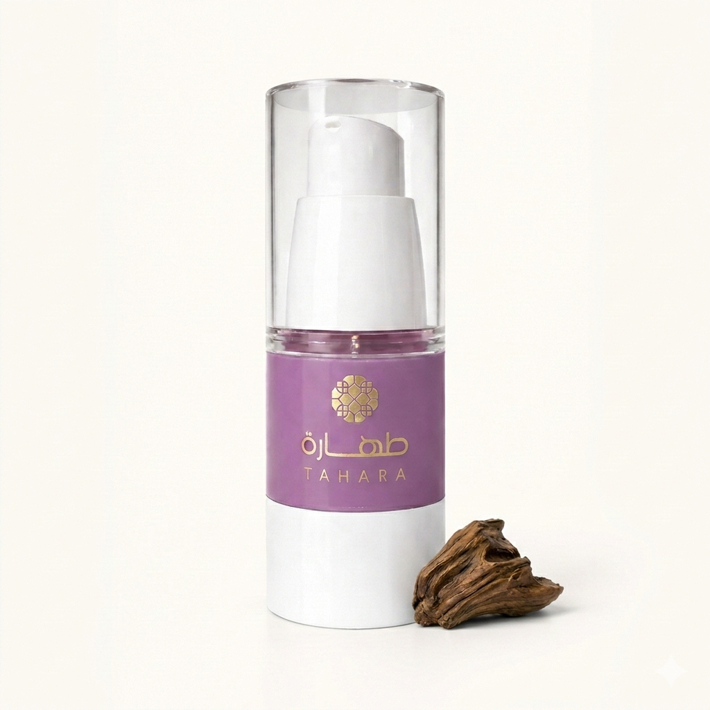 Musc tahara oud 18ml flacon airless violet avec pompe doseuse logo Tahara doré et morceau de bois de oud naturel