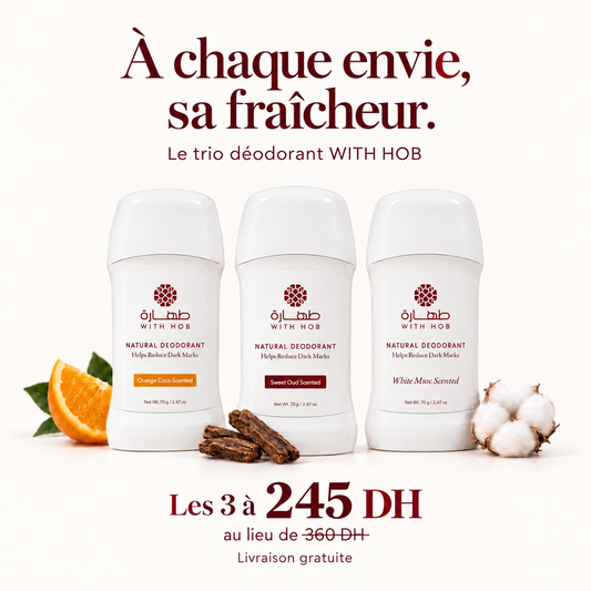 Pack 3 déodorants stick naturels 70 g Orange Coco, Oud, Musc Blanc – Tahara Maroc