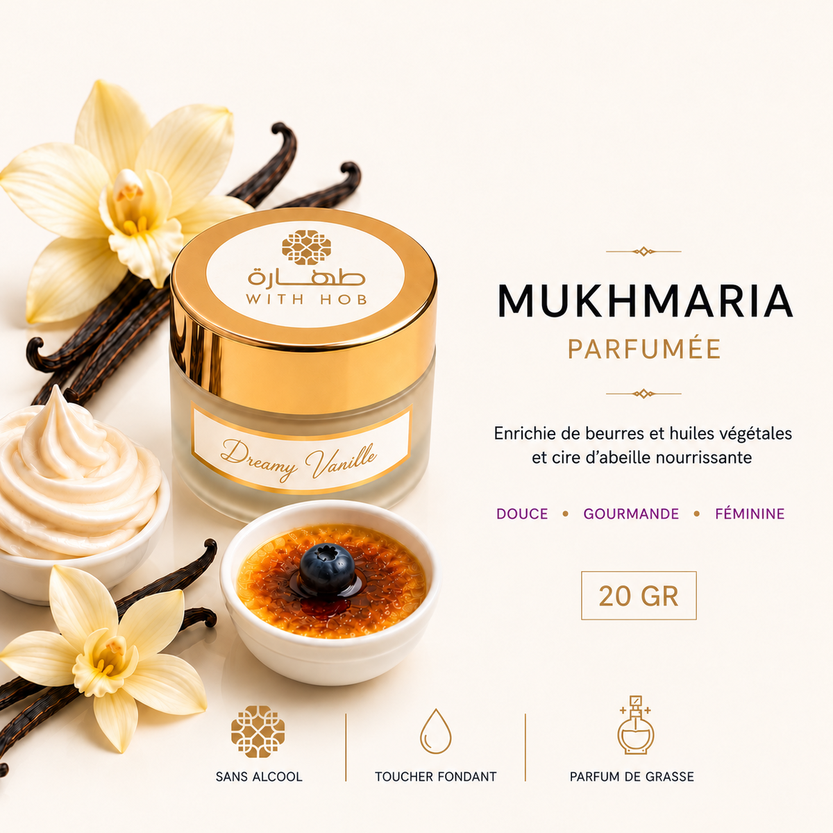 Parfum solide corps et cheveux 20 g Mukhmaria Dreamy Vanilla – Tahara Maroc