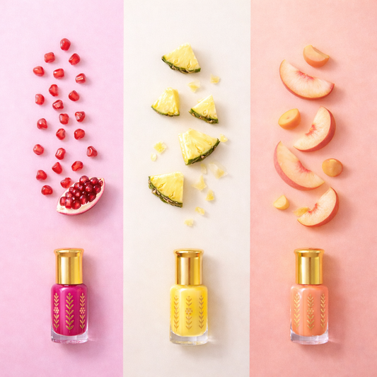 Trio musc tahara fruité 3ml trois flacons roumman ananas et pêche sur fond coloré avec grains de grenade tranches d'ananas et morceaux de pêche