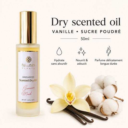 Huile sèche parfumée Tahara Summer Musk – soin corps et cheveux, notes vanille et sucre poudré, hydrate sans alourdir, 50ml