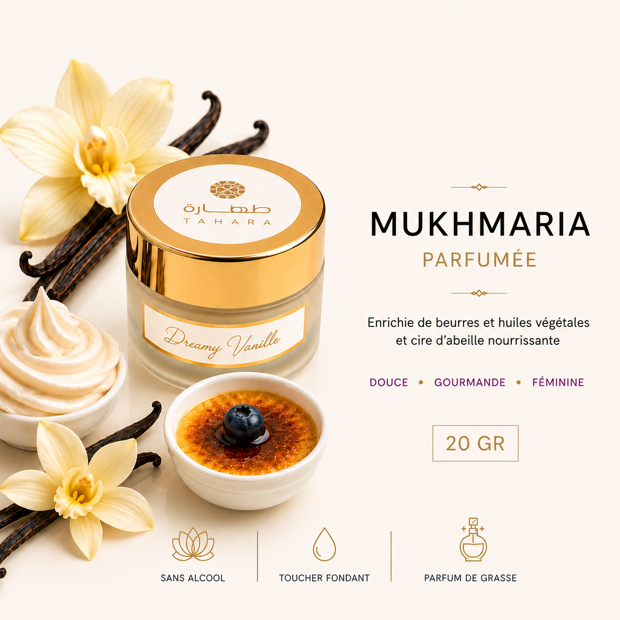 Mukhmaria Dreamy Vanille – Parfum solide gourmand notes vanille, beurres et huiles végétales, cire d’abeille – Tahara