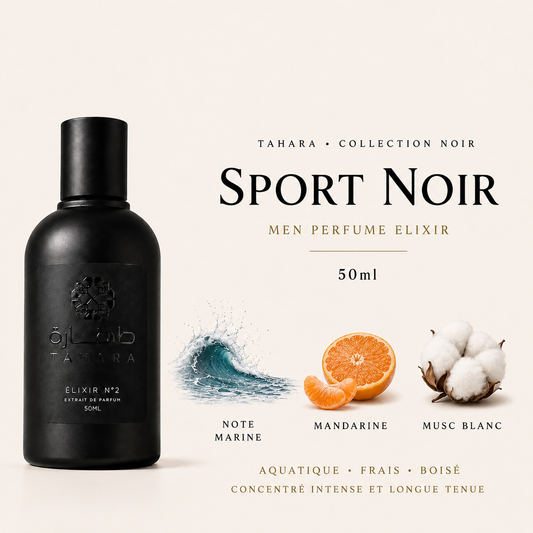 Sport Noir Élixir N°2 – Extrait de parfum homme Tahara Collection Noir, notes marine mandarine musc blanc, 50ml