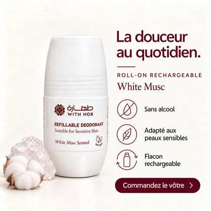 Déodorant naturel rechargeable sans alcool roll-on 60 ml Musc Blanc – Tahara Maroc (vue 2)