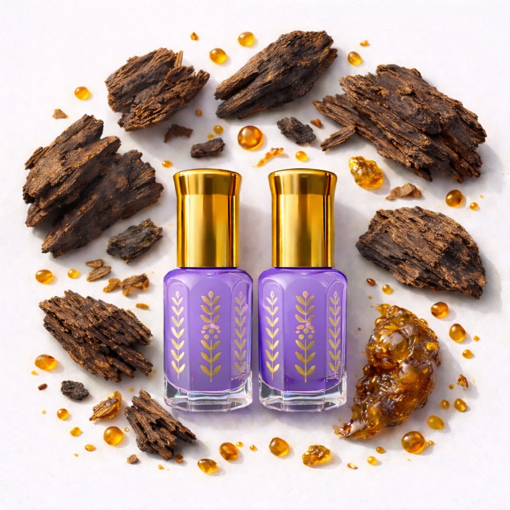 Duo musc tahara bois tabac 7ml deux flacons violets avec bouchons dorés entourés de morceaux de bois de oud et résine d'ambre