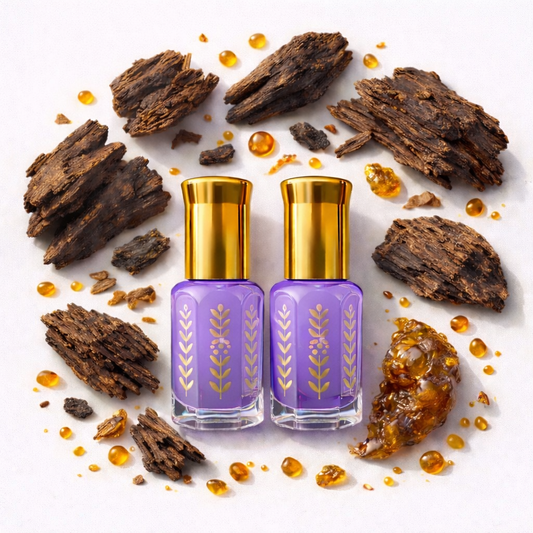 Duo musc tahara bois tabac 7ml deux flacons violets avec bouchons dorés entourés de morceaux de bois de oud et résine d'ambre