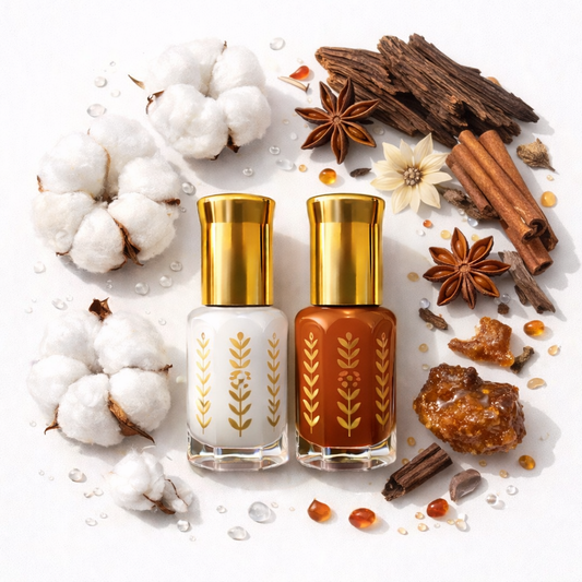 Duo musc tahara classique et malaki 7ml flacon blanc et flacon ambré avec fleurs de coton cannelle anis étoilé et résine d'ambre