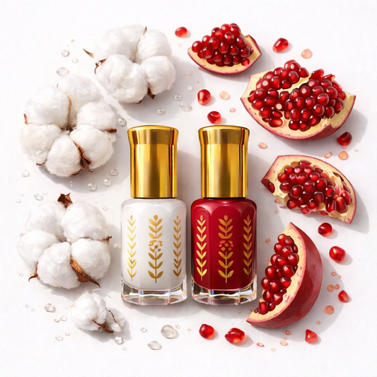 Duo musc tahara classique et roumman 7ml flacon blanc et flacon rouge avec fleurs de coton et morceaux de grenade fraîche