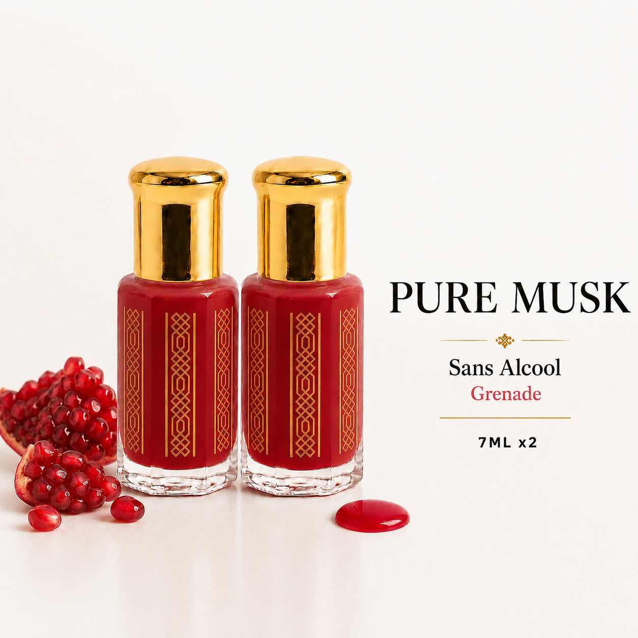 Duo musc tahara roumman grenade 7ml deux flacons rouges avec bouchons dorésu entourés 