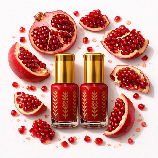 Duo musc tahara roumman grenade 7ml deux flacons rouges avec bouchons dorés entourés de morceaux de grenade et grains frais
