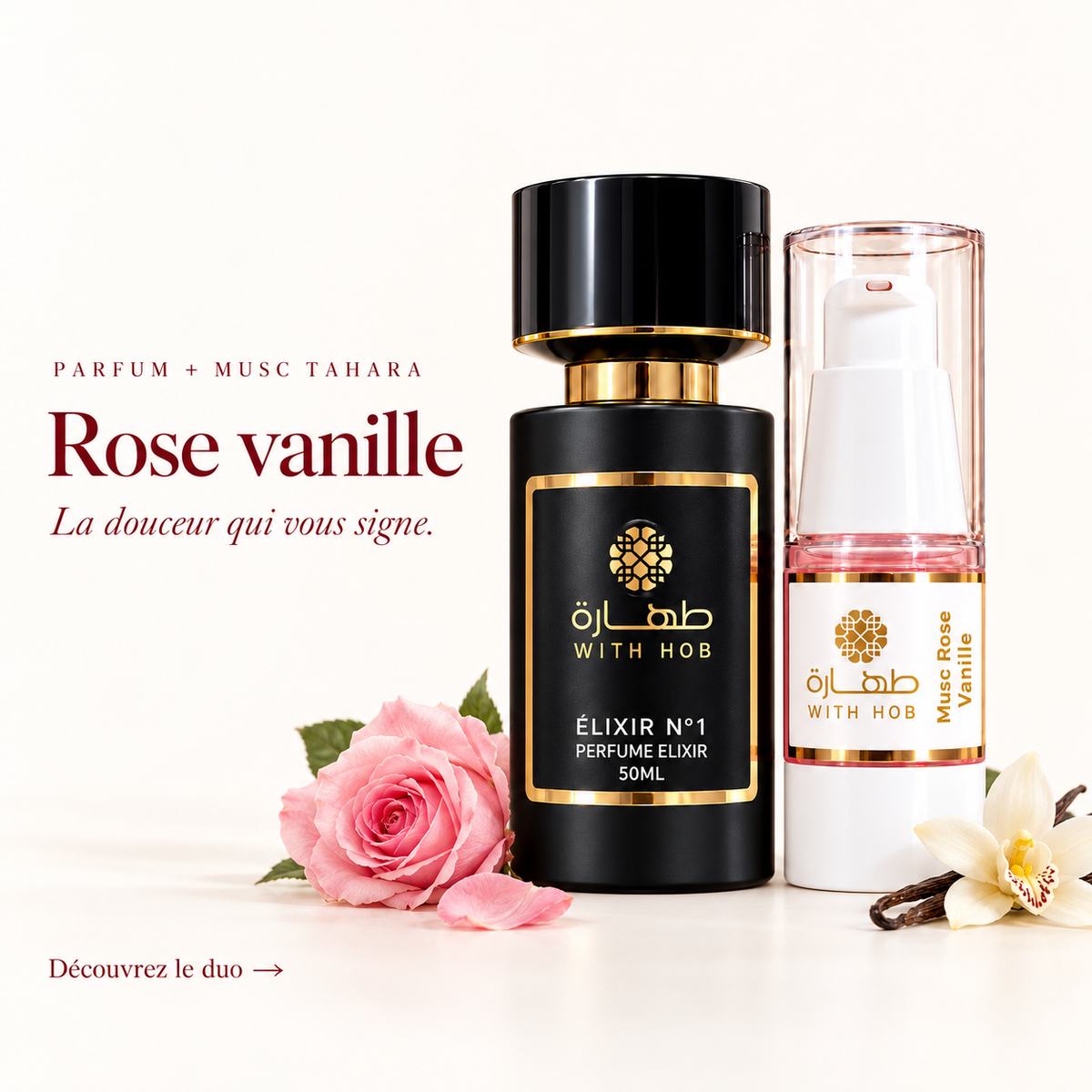 Duo parfum femme et musc sans alcool Rose Vanille – Tahara Maroc