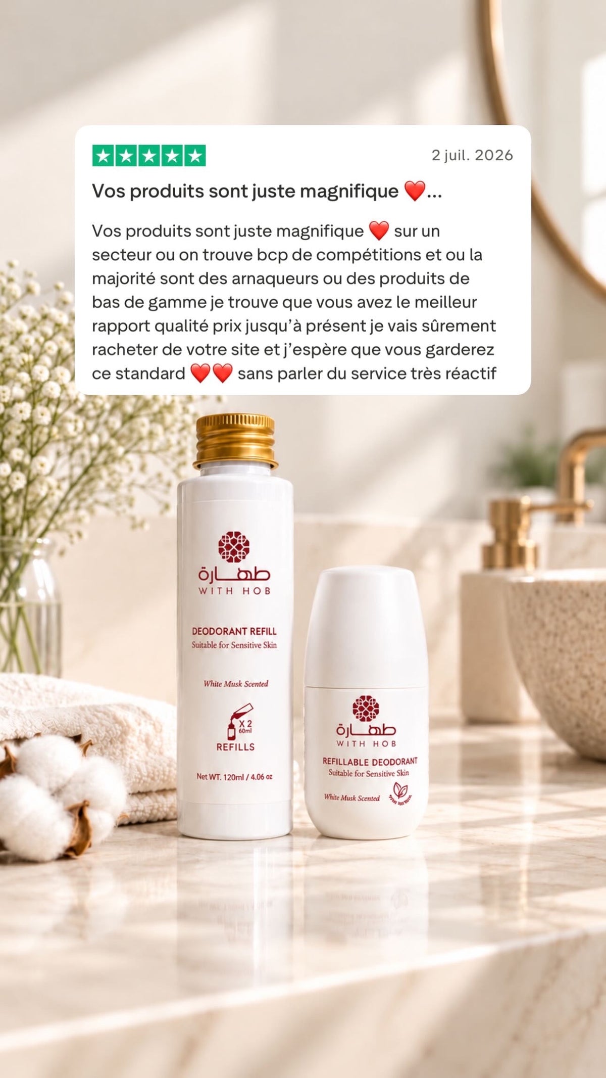 Kit déodorant naturel rechargeable sans alcool Musc Blanc – Tahara Maroc (vue 3)