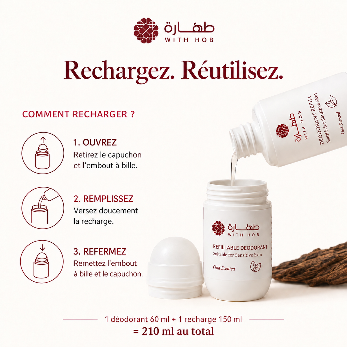 Kit déodorant naturel rechargeable sans alcool Oud – Tahara Maroc (vue 2)
