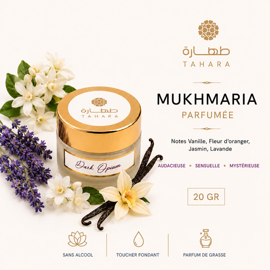 Mukhmaria Dark Opium Tahara 20gr, parfum solide sans alcool aux notes de vanille, fleur d’oranger, jasmin et lavande.