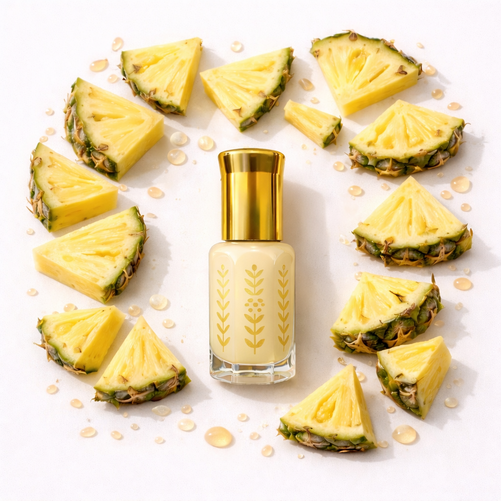 Musc tahara ananas flacon jaune avec bouchon doré entouré de tranches d'ananas frais et gouttes de jus