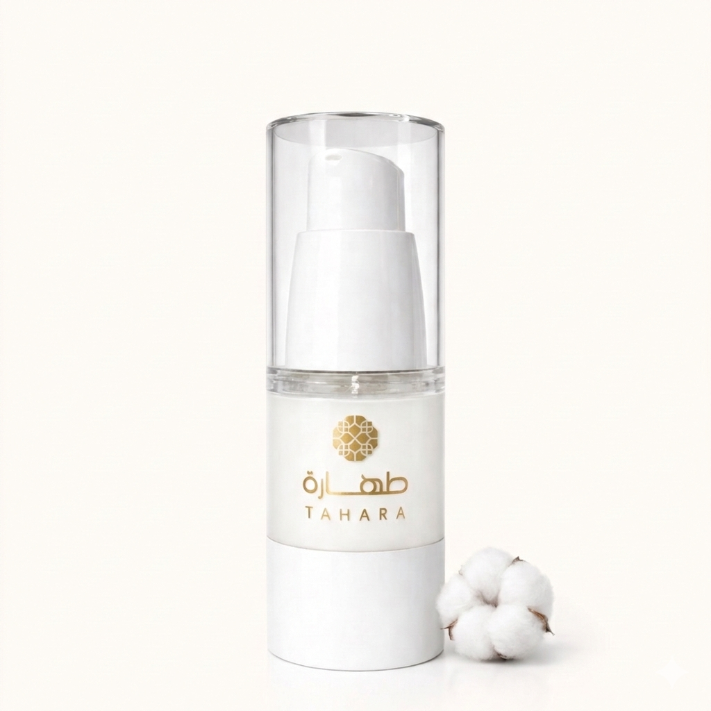 Musc tahara classique pur sans alcool 18ml flacon airless blanc avec pompe doseuse logo Tahara doré et fleur de coton naturel