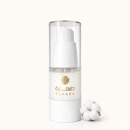 Musc tahara classique pur sans alcool 18ml flacon airless blanc avec pompe doseuse logo Tahara doré et fleur de coton naturel