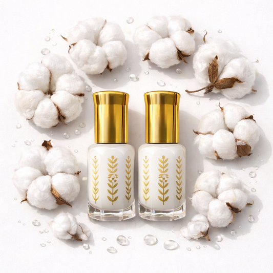 Duo musc tahara classique pur sans alcool 7ml flacons blancs avec bouchons dorés entourés de fleurs de coton naturel