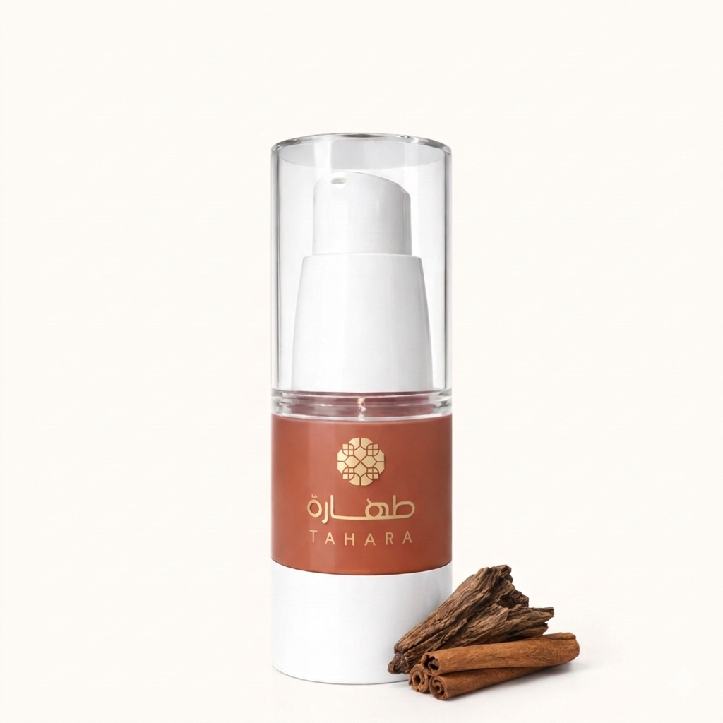 Musc tahara malaki 18ml flacon airless brun avec pompe doseuse logo Tahara doré et bâtons de cannelle et bois de oud