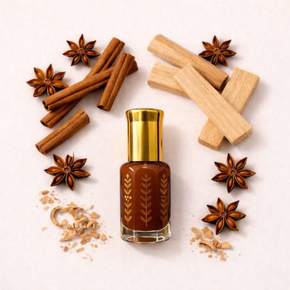 Musc tahara malaki flacon brun avec bouchon doré entouré de bâtons de cannelle anis étoilé et bois de santal naturel