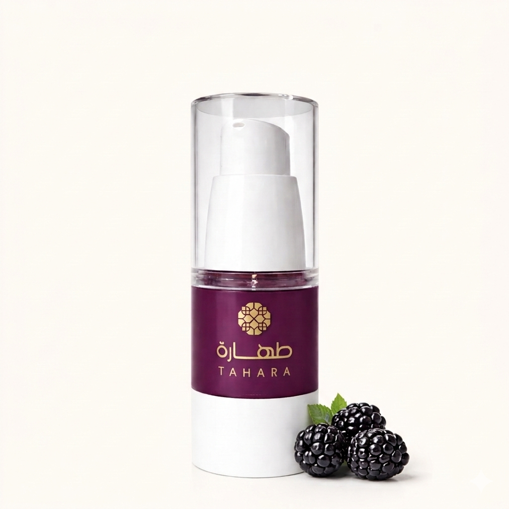 Musc tahara mûres 18ml flacon airless violet avec pompe doseuse logo Tahara doré et mûres fraîches avec feuilles de menthe