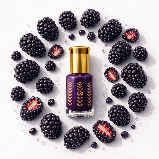 Flacon musc tahara premium 7ml parfum mûres avec bouchon doré entouré de mûres fraîches