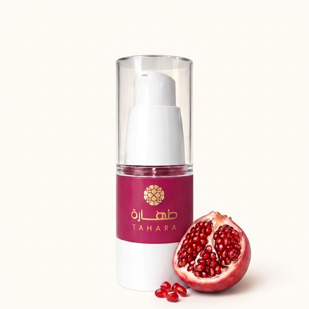 Musc tahara roumman grenade 18ml flacon airless rouge avec pompe doseuse logo Tahara doré et demi-grenade avec grains frais
