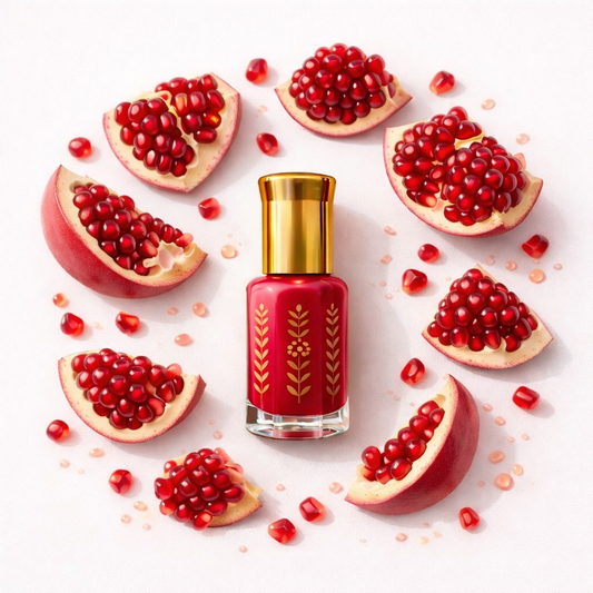 Musc tahara roumman grenade flacon rouge avec bouchon doré entouré de quartiers de grenade et grains frais