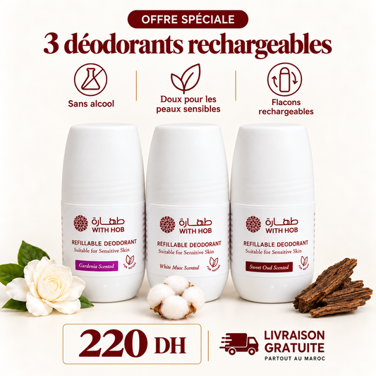 Pack 3 déodorants naturels roll-on 60 ml Oud, Musc, Gardénia – Tahara Maroc