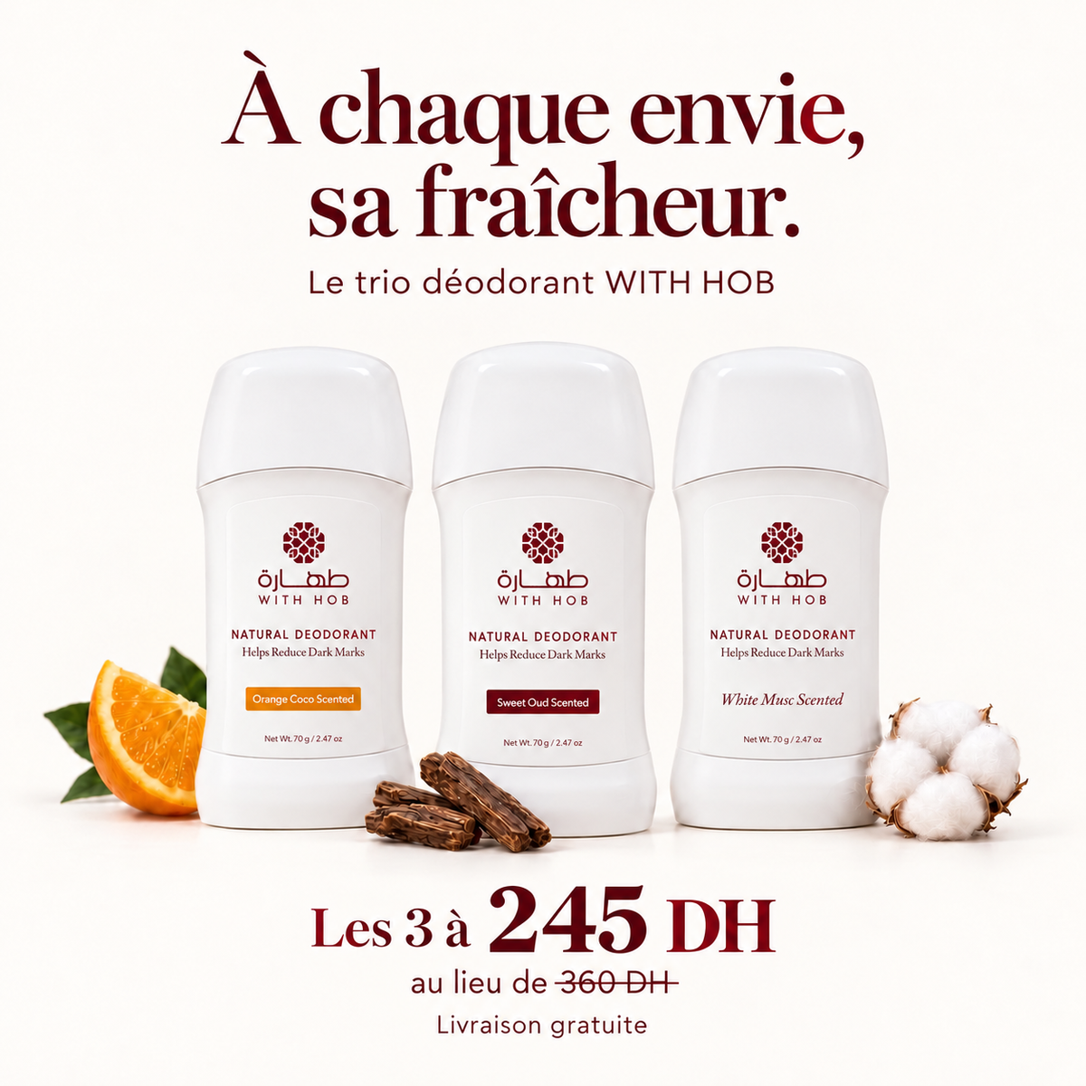 Pack 3 déodorants stick naturels 70 g Orange Coco, Oud, Musc Blanc – Tahara Maroc