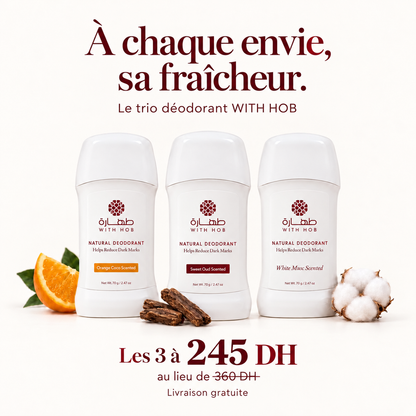 Pack 3 déodorants stick naturels 70 g Orange Coco, Oud, Musc Blanc – Tahara Maroc