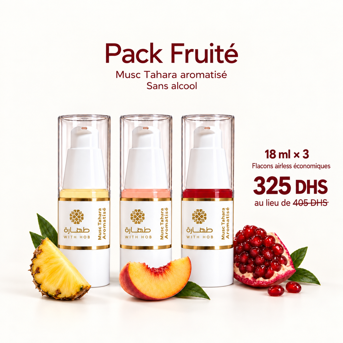 Pack 3 muscs aromatisés sans alcool 18 ml Ananas, Pêche, Grenade – Tahara Maroc