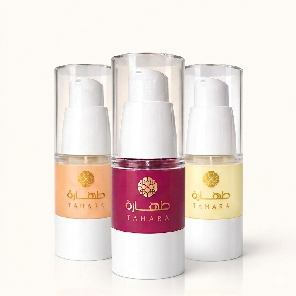 Pack fruité musc tahara 3 flacons airless 18ml pêche mûres et ananas avec pompe doseuse et logo Tahara doré