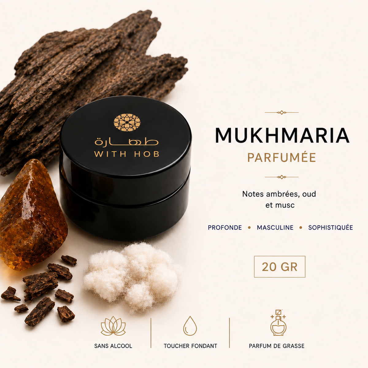 Parfum solide corps et cheveux 20 g Mukhmaria Oud – Tahara Maroc