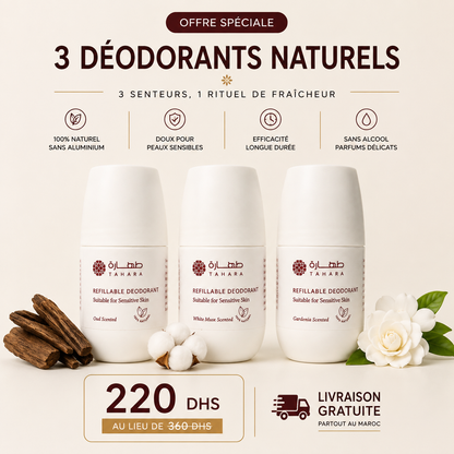 Offre spéciale Tahara - 3 déodorants naturels rechargeable : Oud, Musc Blanc, Gardénia 60ml